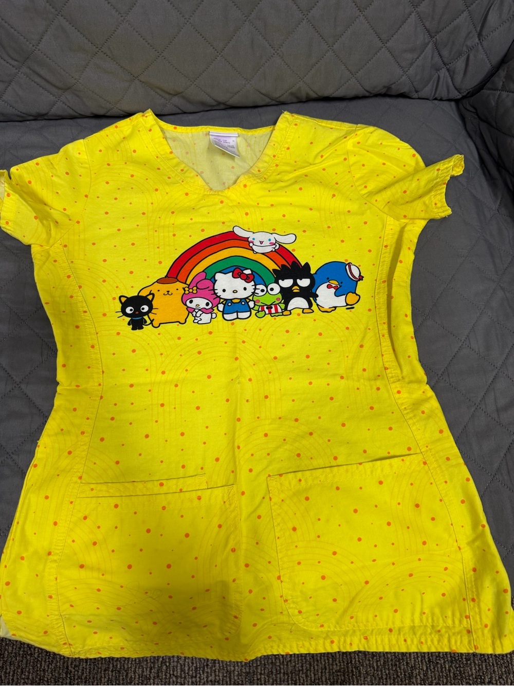 Cute Hello Kitty Yellow Rainbow Character Scrub  Top XXS